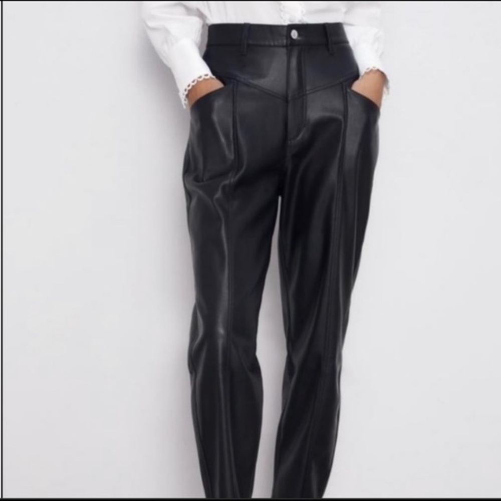 Zara High Rise Faux Black Leather Barrel Pants 6